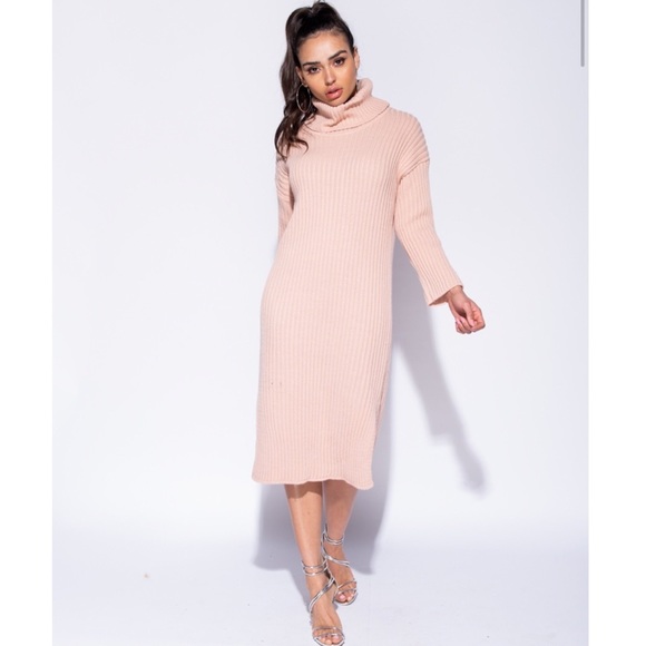 π§ HP π§ Blush Pink Turtleneck Rib Knit L/S Slit Dress - Picture 5 of 6